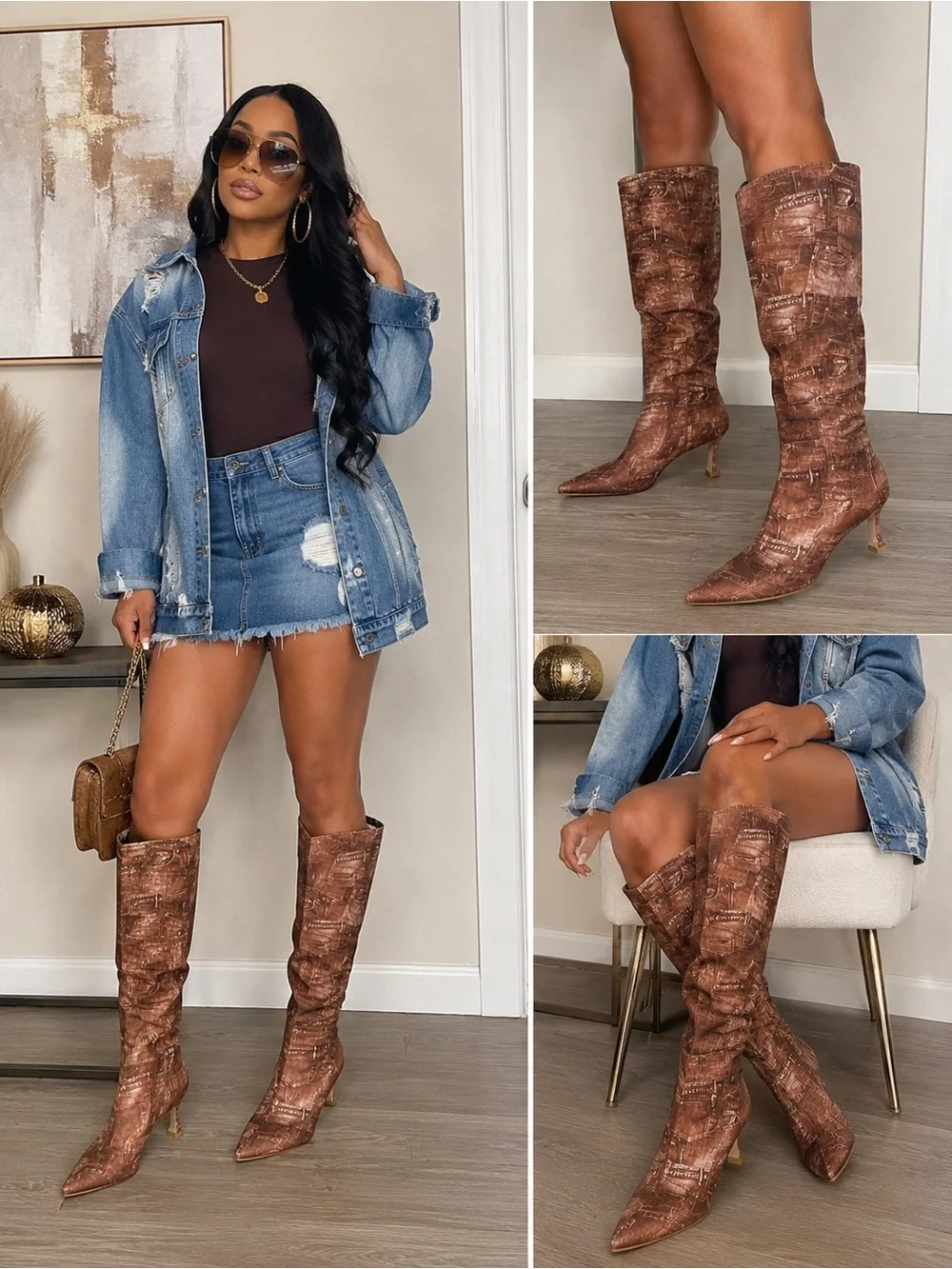 🤎 Denim Print Pointed-Toe Knee-High Boots 🤎
